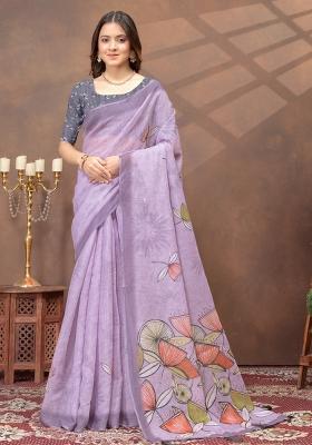 Lavender Zari Work Silk Blend Saree Set