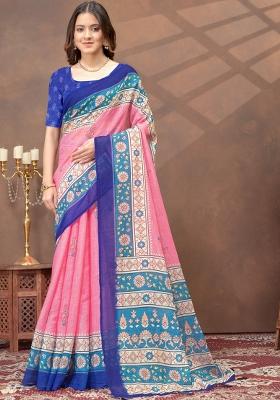 Baby Pink Zari Work Silk Blend Saree Set