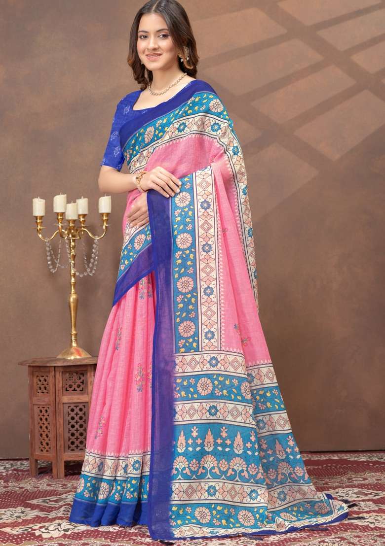 Baby Pink Silk Blend Saree Set with Zari Work for Diwali | Wedding & Festive Wear - Indya