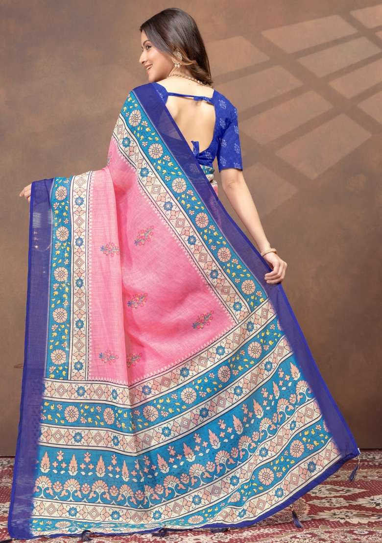 Baby Pink Silk Blend Saree Set with Zari Work for Diwali | Wedding & Festive Wear - Indya