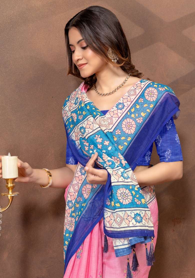 Baby Pink Silk Blend Saree Set with Zari Work for Diwali | Wedding & Festive Wear - Indya