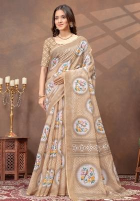 Cream Zari Work Silk Blend Saree Set