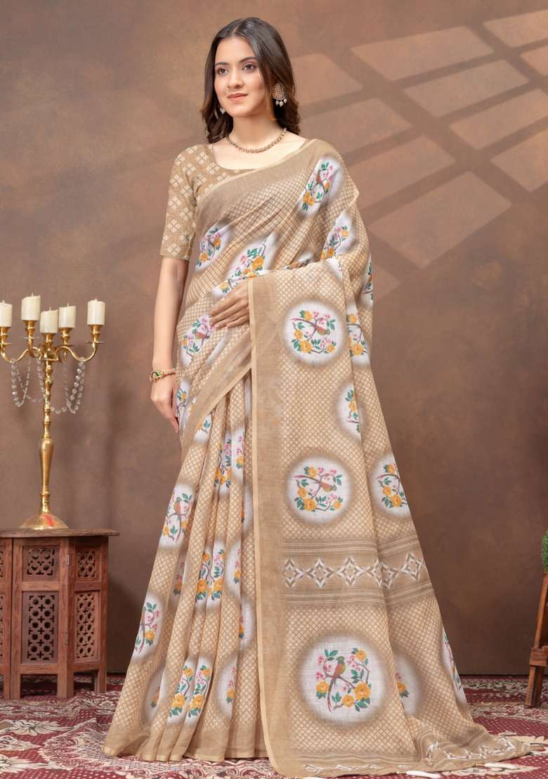 Cream Zari Work Silk Blend Saree Set for Diwali and Festive Wear - Indya
