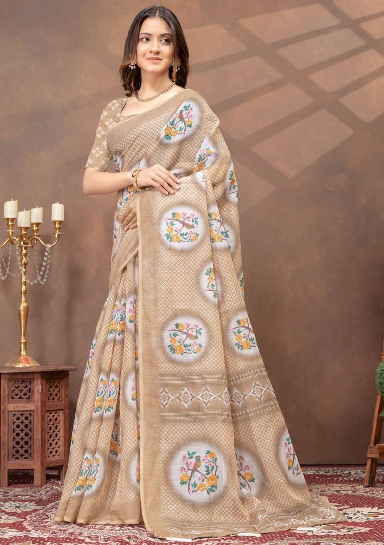 Cream Zari Work Silk Blend Saree Set for Diwali and Festive Wear - Indya