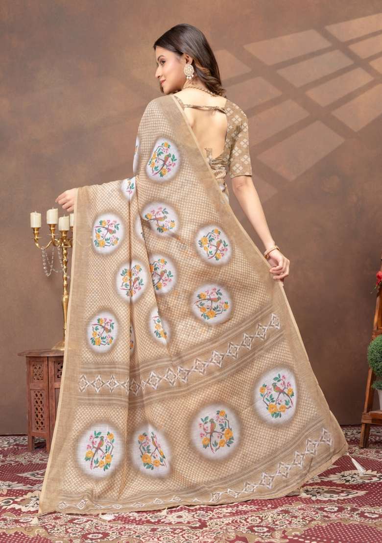 Cream Zari Work Silk Blend Saree Set for Diwali and Festive Wear - Indya