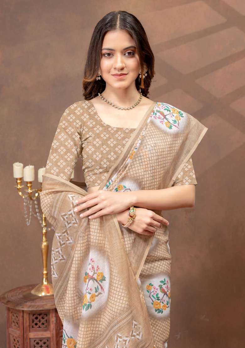 Cream Zari Work Silk Blend Saree Set for Diwali and Festive Wear - Indya