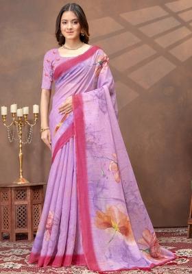 Lavender Zari Work Silk Blend Saree Set