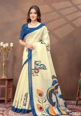 Blue Zari Work Silk Blend Saree Set
