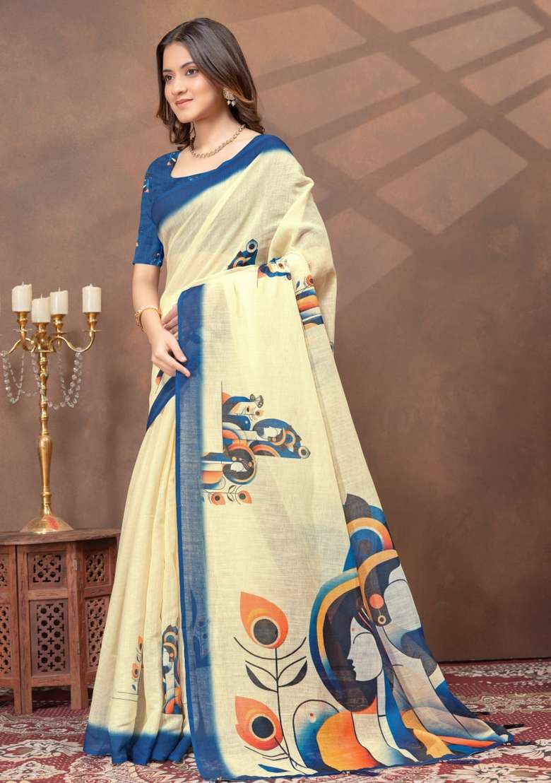 Blue Zari Work Silk Blend Saree Set for Diwali and Festive Wear - Indya