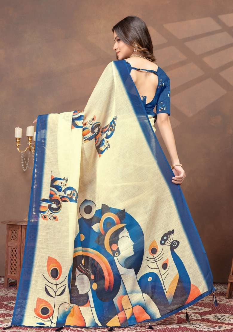 Blue Zari Work Silk Blend Saree Set for Diwali and Festive Wear - Indya