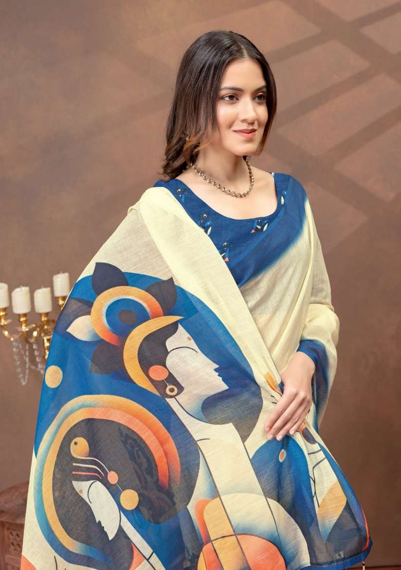 Blue Zari Work Silk Blend Saree Set for Diwali and Festive Wear - Indya