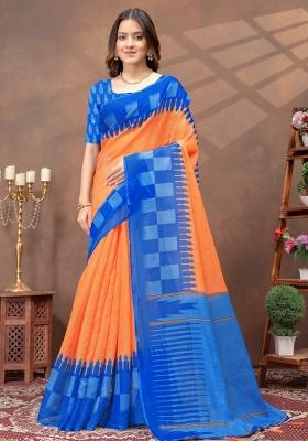 Orange Zari Work Silk Blend Saree Set
