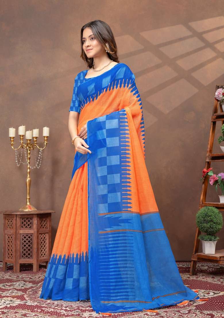 Orange Zari Work Silk Blend Saree Set for Diwali and Festive Wear - Indya