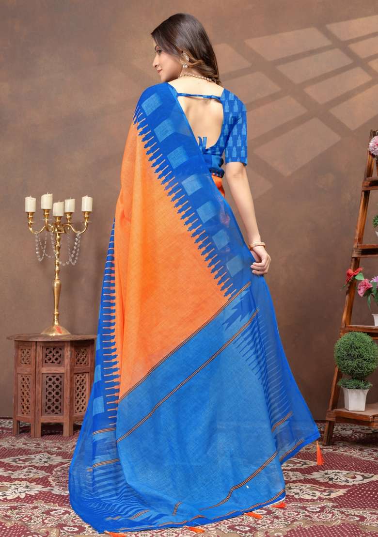 Orange Zari Work Silk Blend Saree Set for Diwali and Festive Wear - Indya