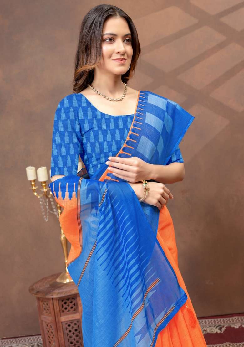 Orange Zari Work Silk Blend Saree Set for Diwali and Festive Wear - Indya