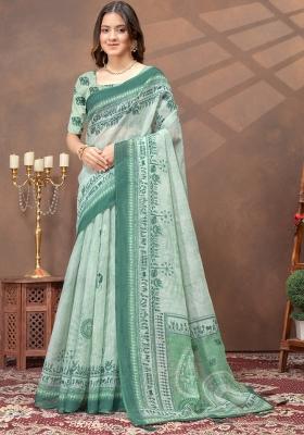 Light Green Zari Work Silk Blend Saree Set