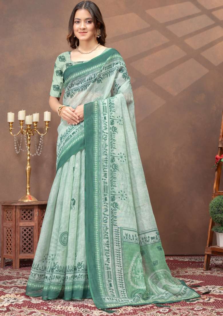 Light Green Silk Blend Saree Set with Zari Work for Diwali | Wedding & Festive Wear - Indya