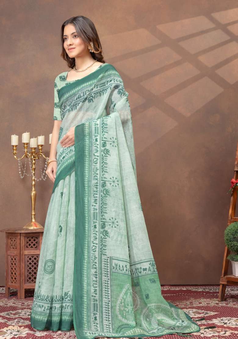 Light Green Silk Blend Saree Set with Zari Work for Diwali | Wedding & Festive Wear - Indya