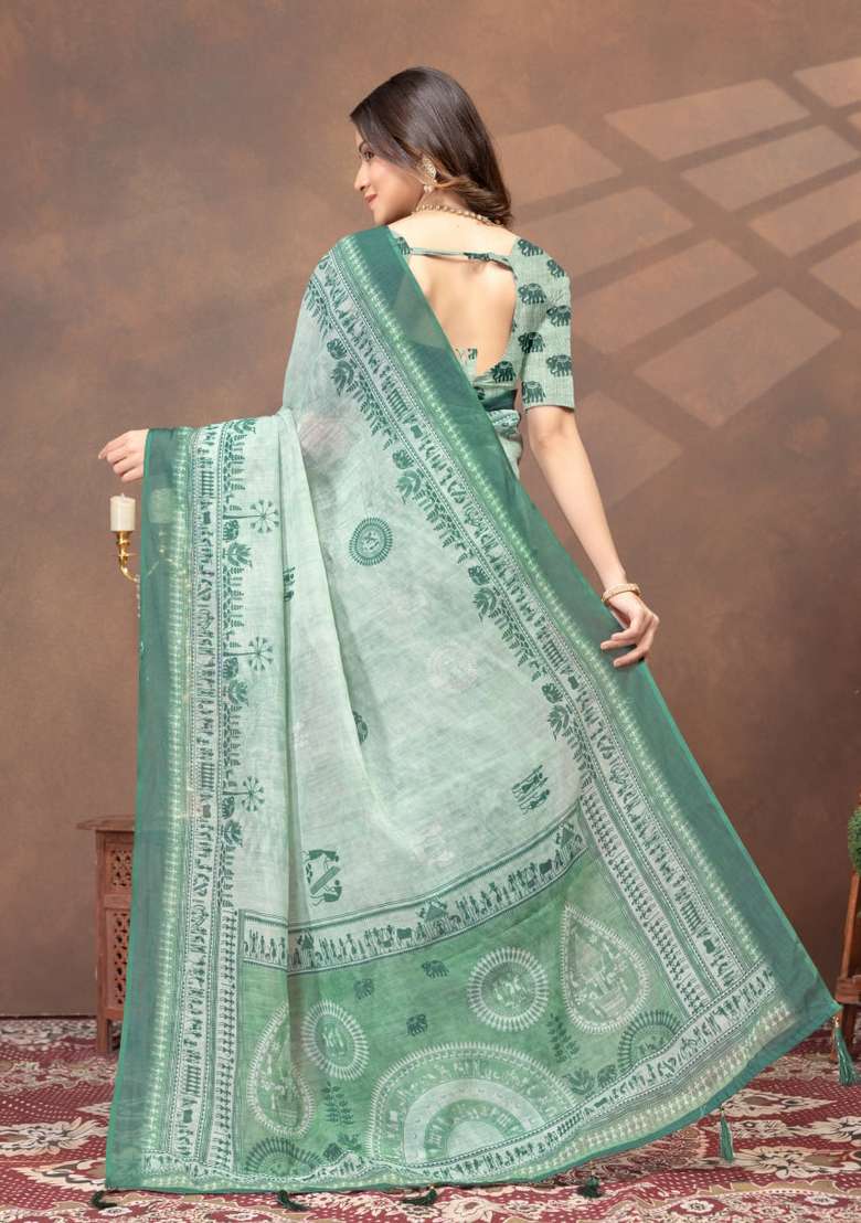 Light Green Silk Blend Saree Set with Zari Work for Diwali | Wedding & Festive Wear - Indya