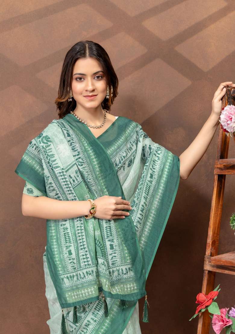 Light Green Silk Blend Saree Set with Zari Work for Diwali | Wedding & Festive Wear - Indya