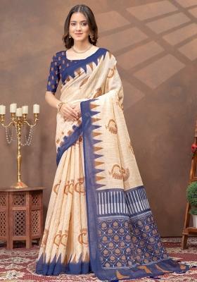 Cream Zari Work Silk Blend Saree Set