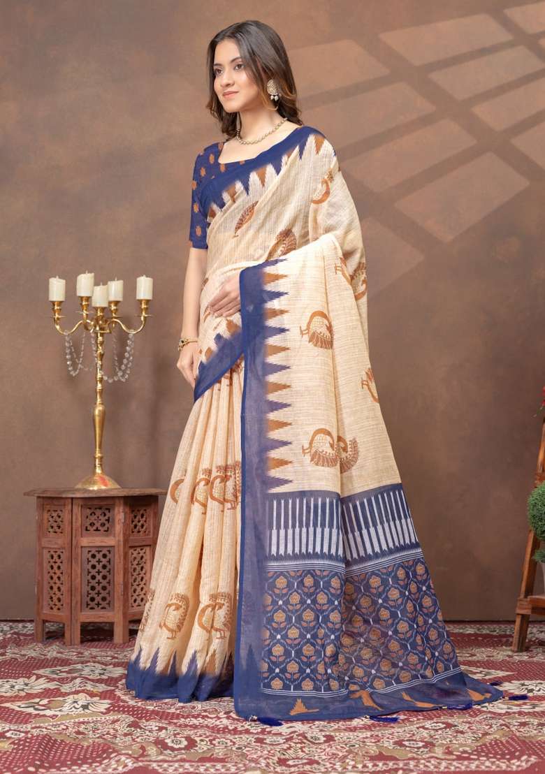 Cream Silk Blend Saree Set with Zari Work for Diwali | Wedding & Festive Wear - Indya