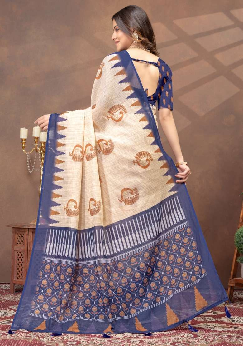 Cream Silk Blend Saree Set with Zari Work for Diwali | Wedding & Festive Wear - Indya