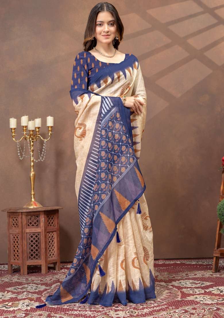 Cream Silk Blend Saree Set with Zari Work for Diwali | Wedding & Festive Wear - Indya