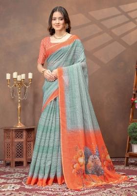 Light Green Zari Work Silk Blend Saree Set