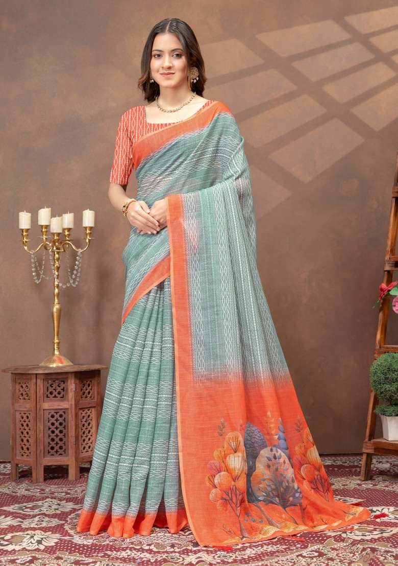 Light Green Zari Work Silk Blend Saree Set for Diwali and Festive Wear - Indya