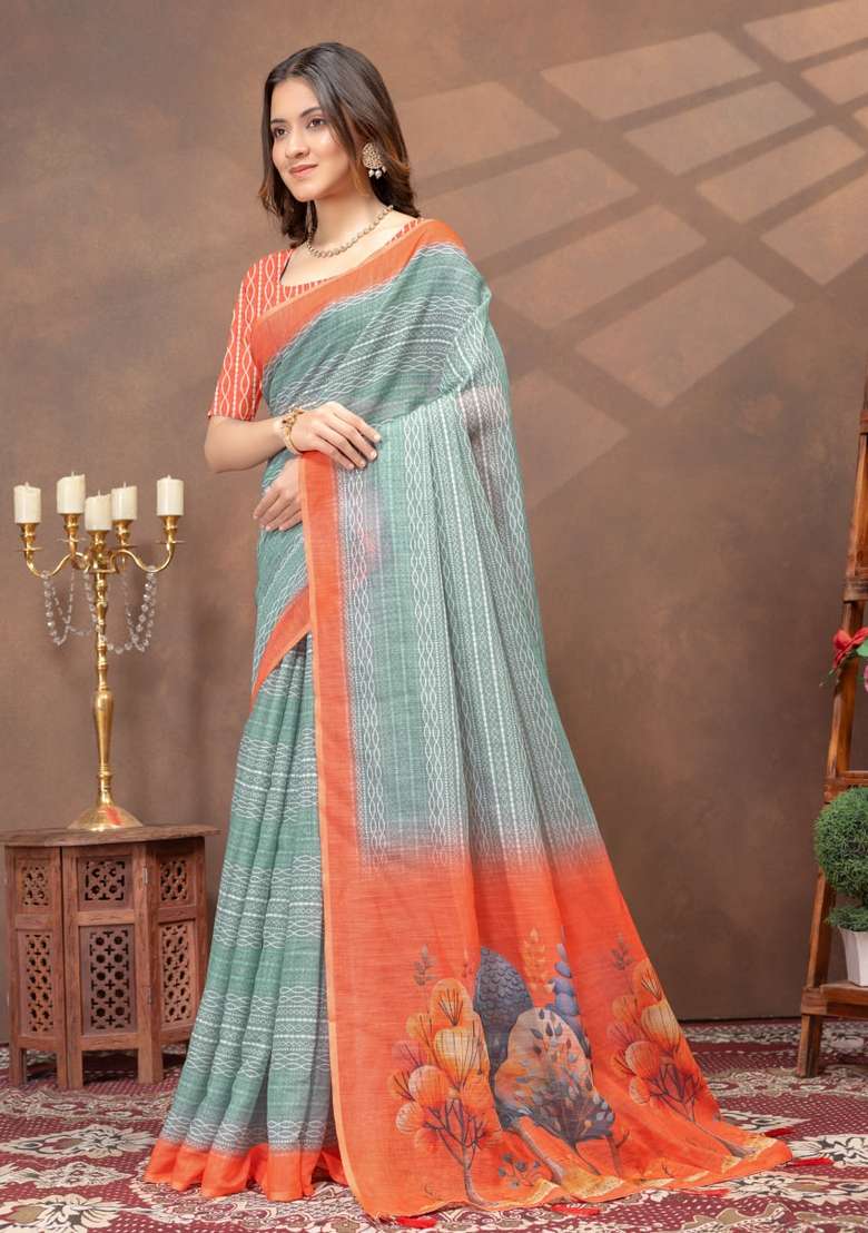 Light Green Zari Work Silk Blend Saree Set for Diwali and Festive Wear - Indya