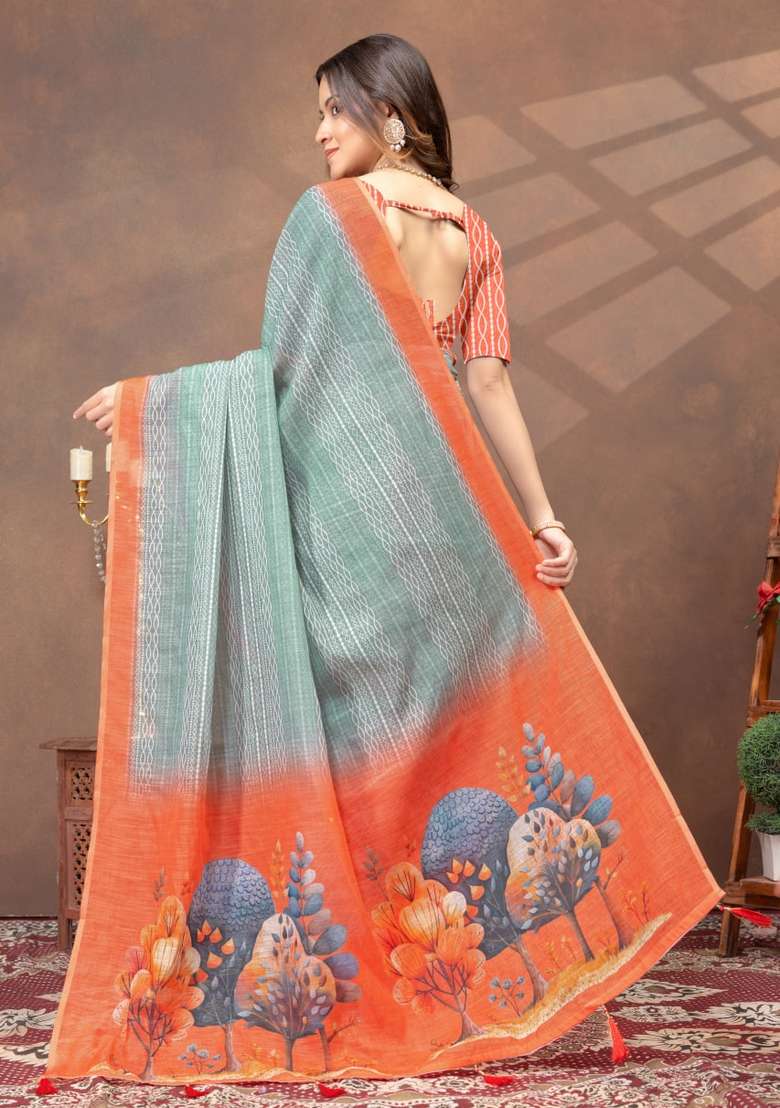 Light Green Zari Work Silk Blend Saree Set for Diwali and Festive Wear - Indya
