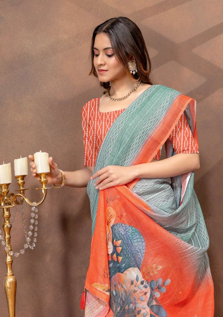 Light Green Zari Work Silk Blend Saree Set for Diwali and Festive Wear - Indya
