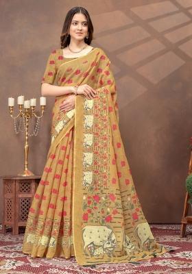 Mustard Zari Work Silk Blend Saree Set