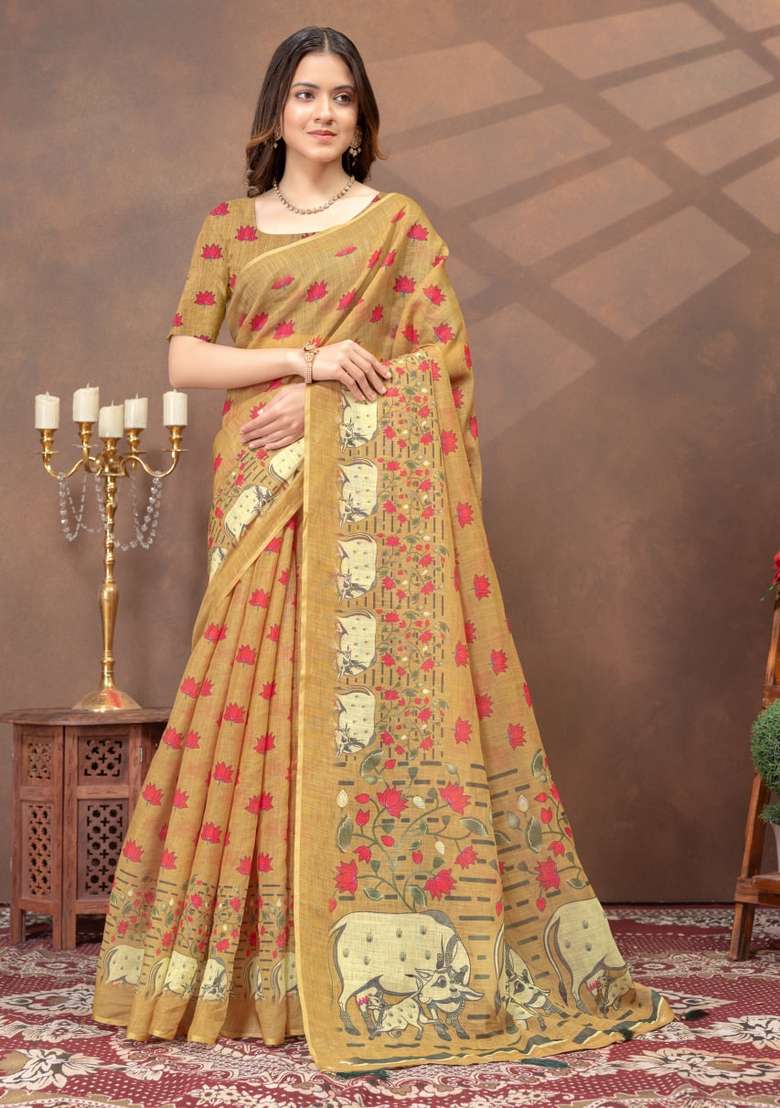 Mustard Zari Work Silk Blend Saree Set for Diwali and Festive Wear - Indya