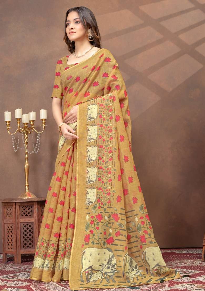 Mustard Zari Work Silk Blend Saree Set for Diwali and Festive Wear - Indya