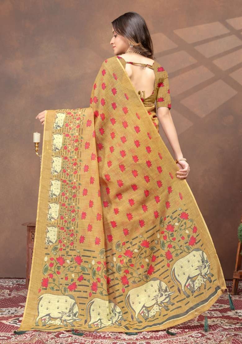 Mustard Zari Work Silk Blend Saree Set for Diwali and Festive Wear - Indya