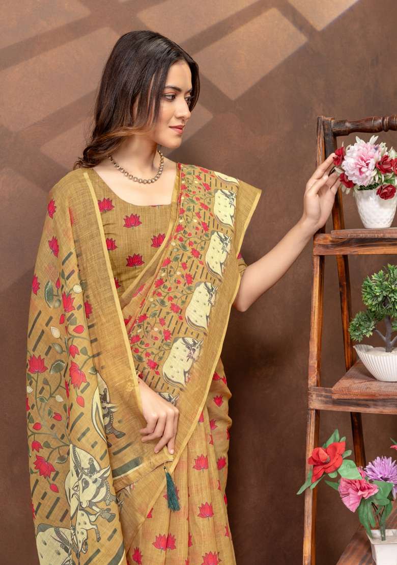 Mustard Zari Work Silk Blend Saree Set for Diwali and Festive Wear - Indya