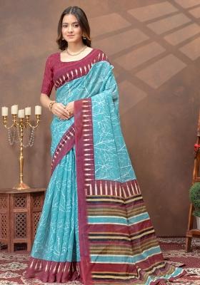 Sky Blue Zari Work Silk Blend Saree Set