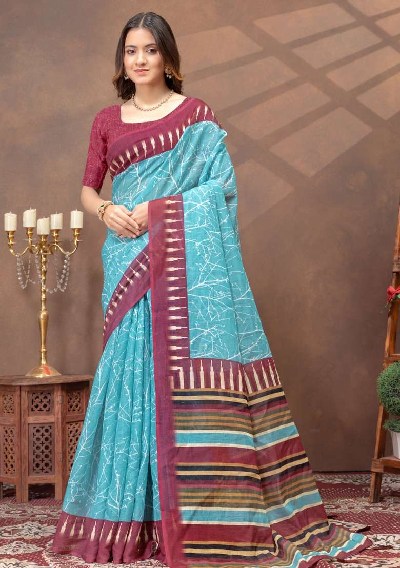 Sky Blue Zari Work Silk Blend Saree Set for Diwali and Festive Wear - Indya