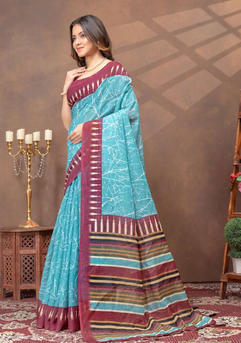 Sky Blue Zari Work Silk Blend Saree Set for Diwali and Festive Wear - Indya