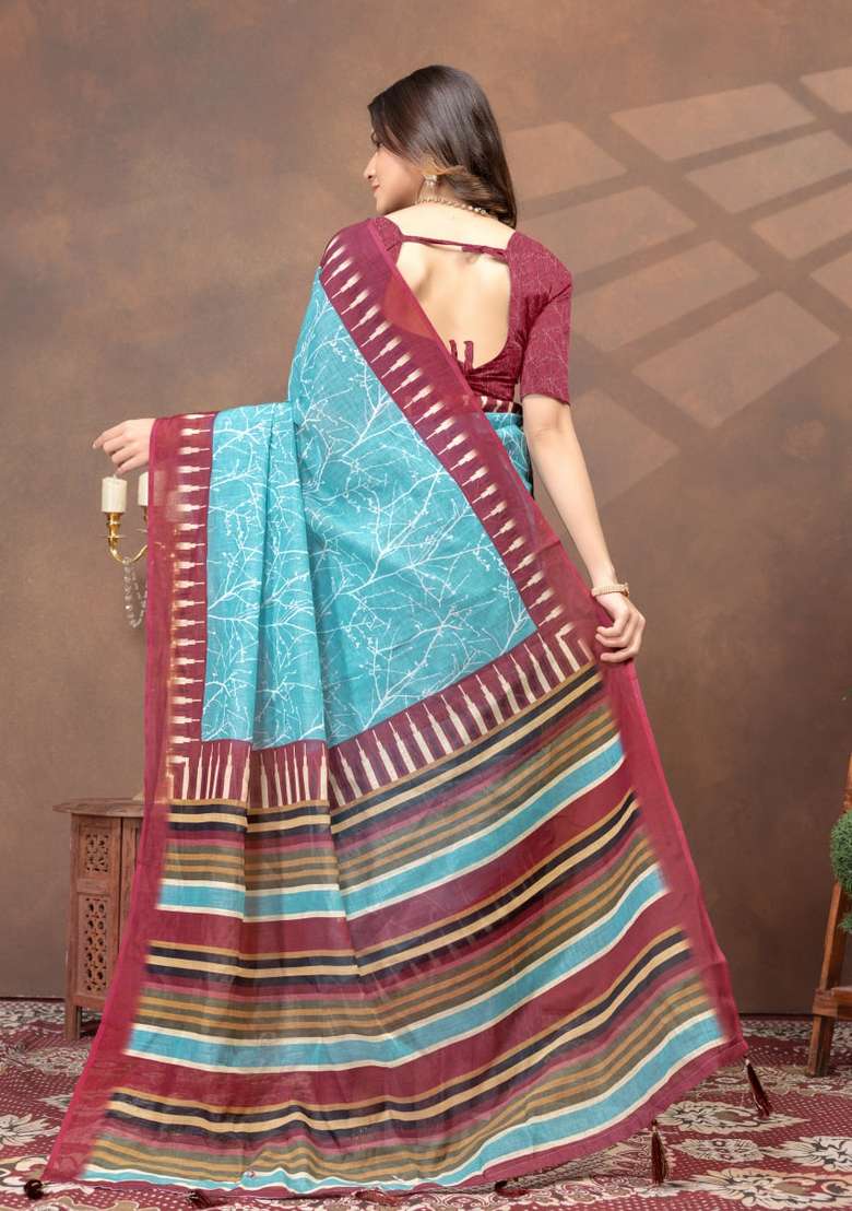 Sky Blue Zari Work Silk Blend Saree Set for Diwali and Festive Wear - Indya