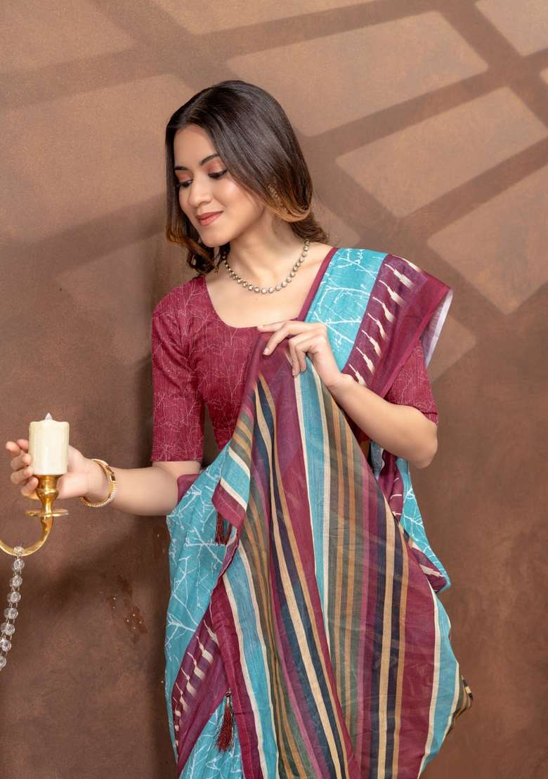 Sky Blue Zari Work Silk Blend Saree Set for Diwali and Festive Wear - Indya