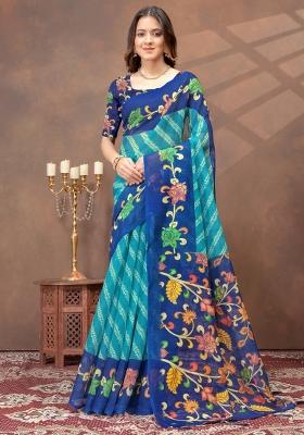 Teal Zari Work Silk Blend Saree Set