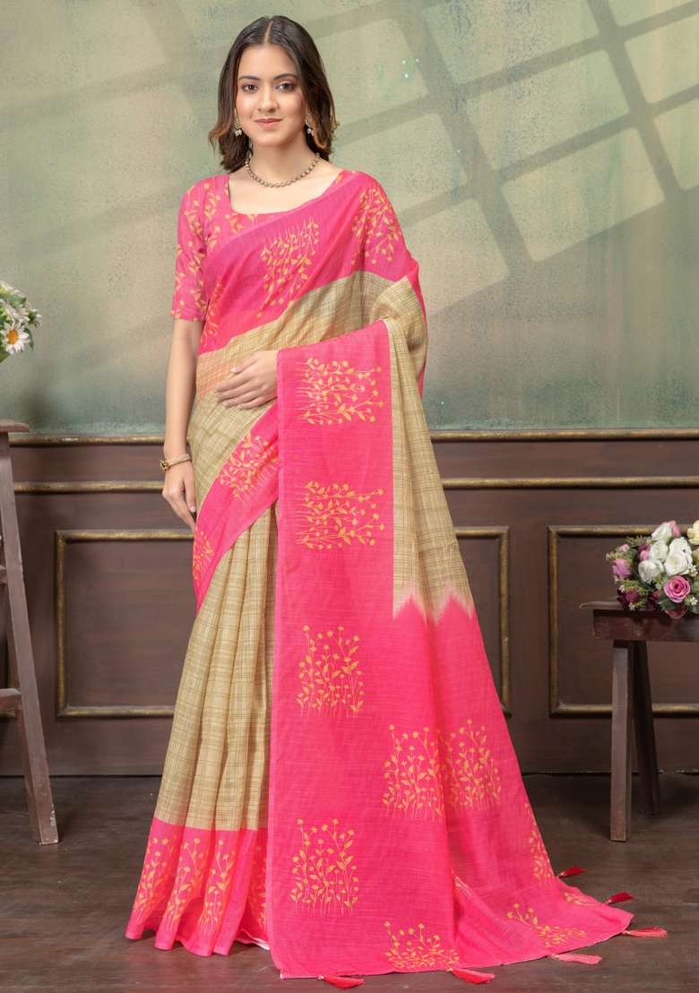 Cream Silk Blend Saree Set with Zari Work for Diwali | Wedding & Festive Wear - Indya