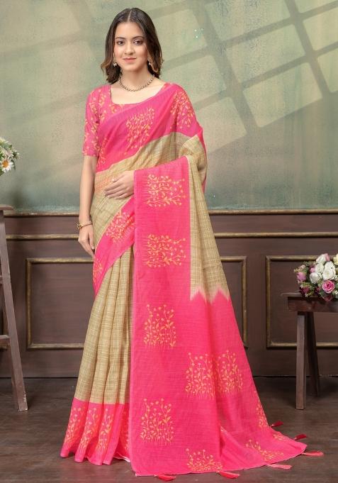 Cream Zari Work Silk Saree Set — view on Indya