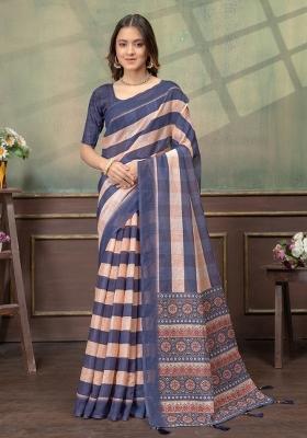 Cream Zari Work Silk Blend Saree Set
