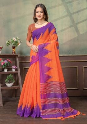 Orange Zari Work Silk Blend Saree Set