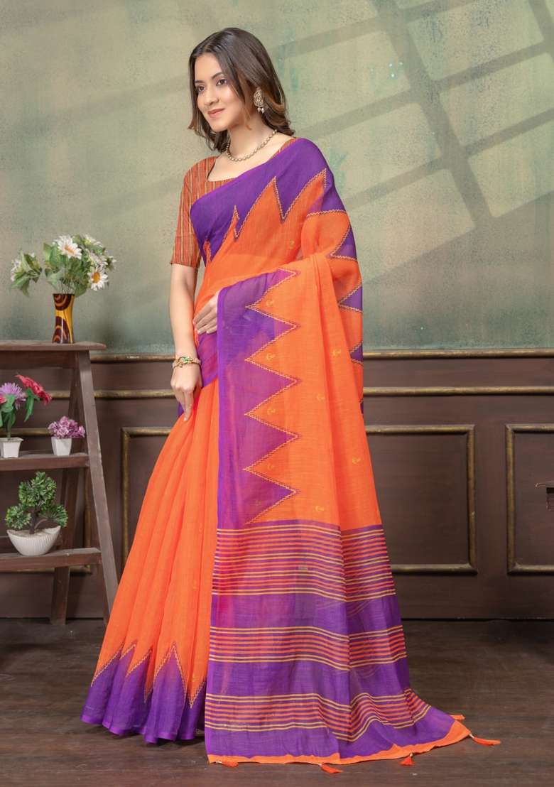 Orange Zari Work Silk Blend Saree Set for Diwali and Festive Wear - Indya