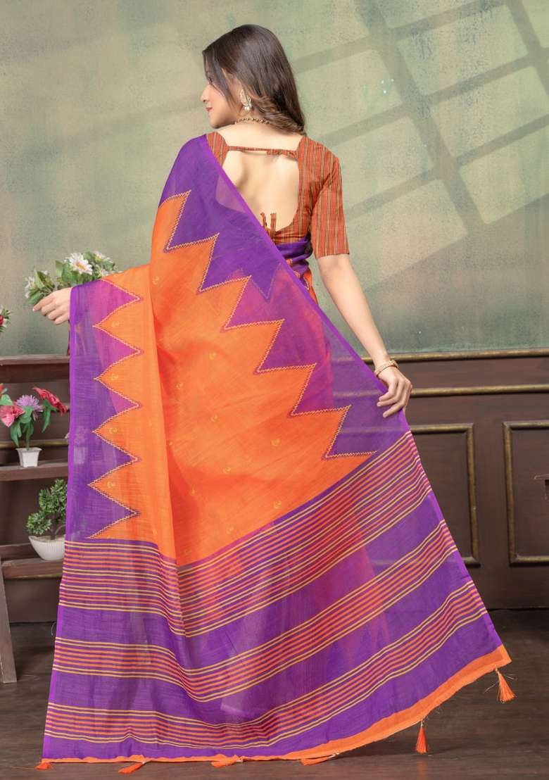 Orange Zari Work Silk Blend Saree Set for Diwali and Festive Wear - Indya